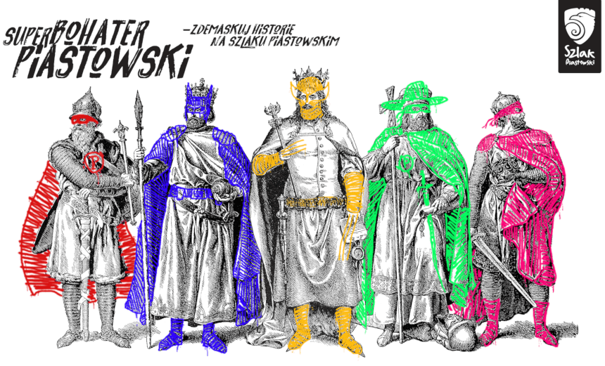 Szkic sylwetek pięciu władców piastowskich z domalowanymi atrybutami superbohaterów (źródło: WOT)