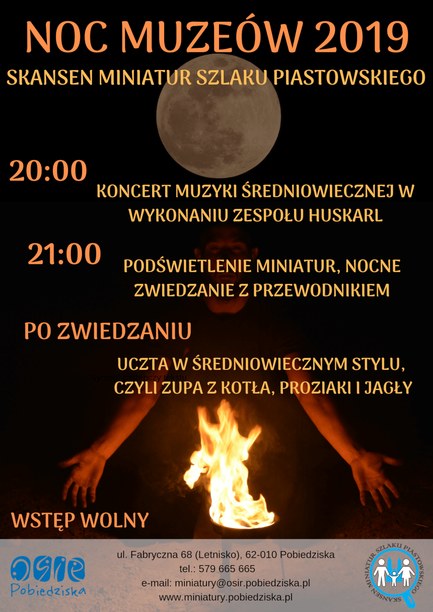 Plakat "Nocy Muzeów 2019" w Skansenie Miniatur Szlaku Piastowskiego (źródło: miniatury-pobiedziska.pl)